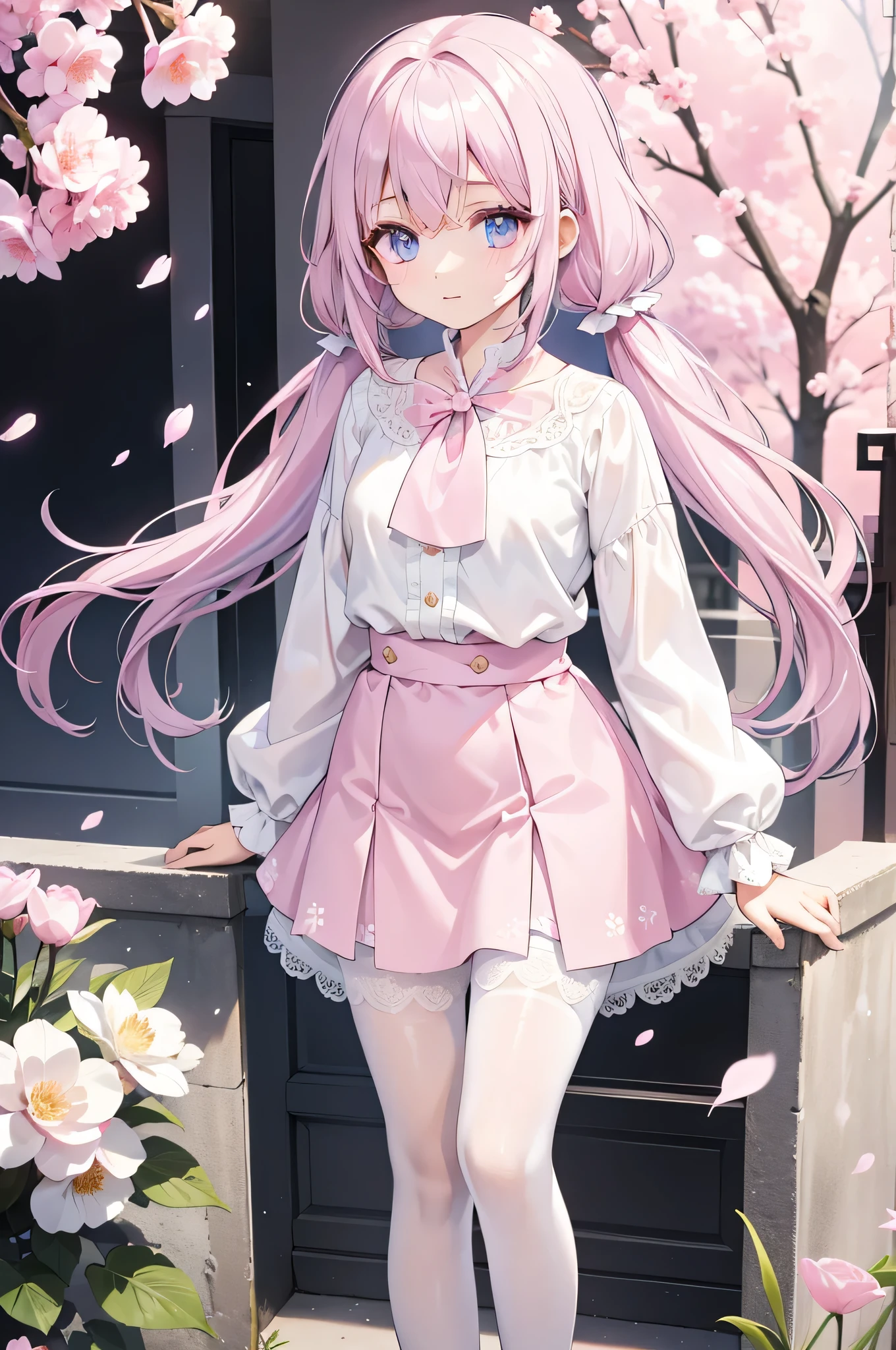 1 girl, Pink skirt, Purple top, whole body, White pantyhose, best quality, 8K, outdoor, Pink petals fall, Beautiful clothes, lace lace, beautiful eyes, Blue pink eyes, White trousers, very short skirt, Exquisite clothes, Translucent cloth, grey hair, streaked hair, pink hair, long hair, hair between eyes, twintails,
highly_detailed, Beautiful eyes,