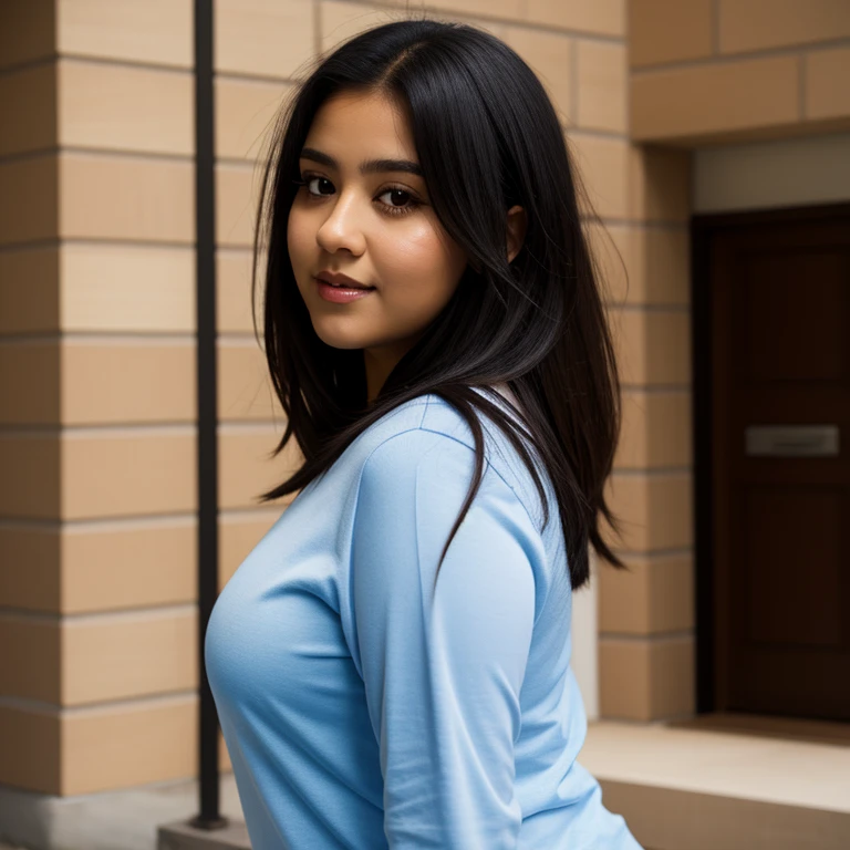 body photo, beautiful detailed, cute face, cute mexican teen, slightly chubby, short black hair, black hair over one eye, long sleeve plain T-shirt, long pants, fat curvy wide hips, solo, 