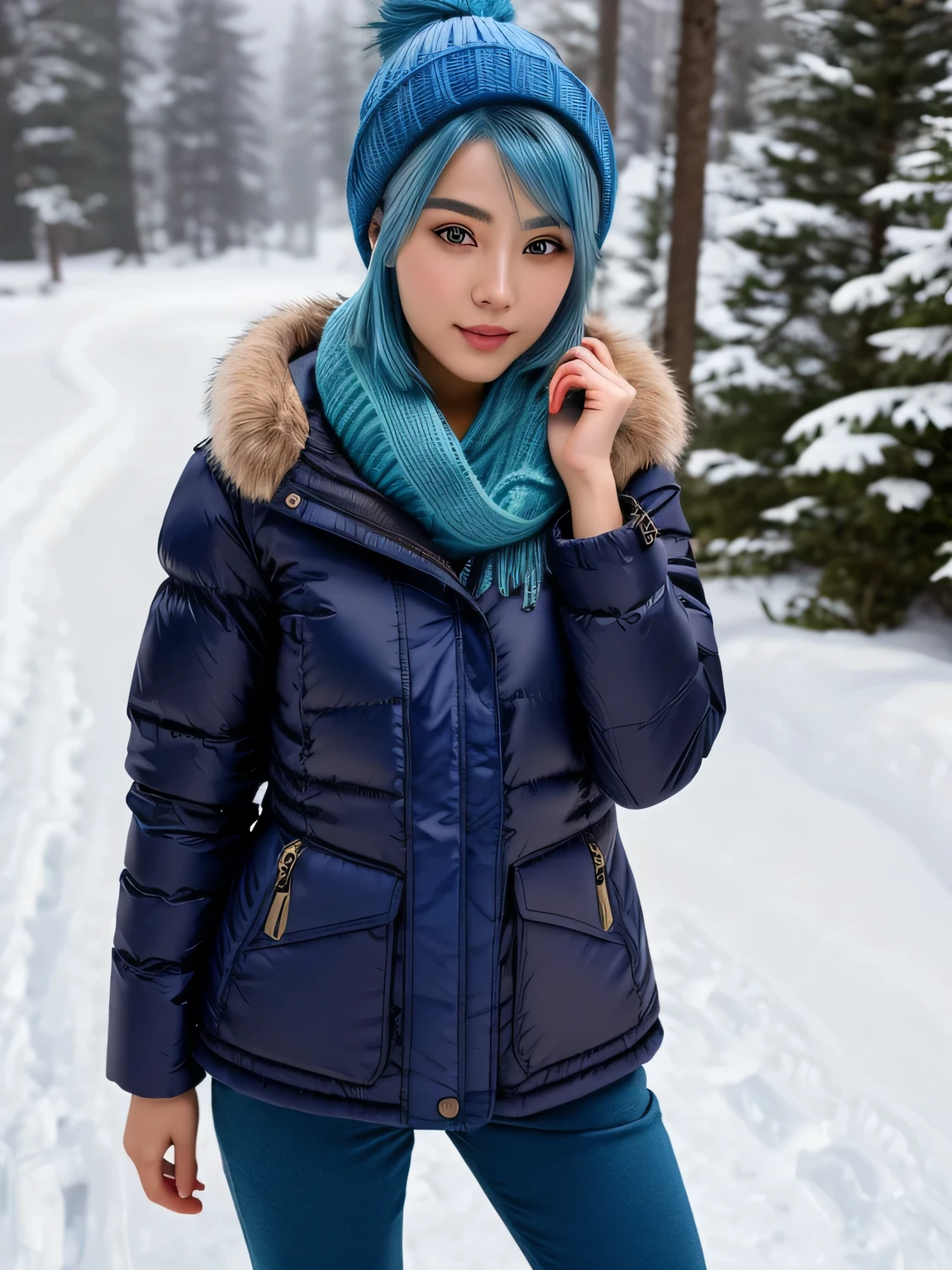 (blue hair:1.4), short hair, realistic green eyes, cobalt hair, long bob hair, tousled hair, shoulder length hair, Full body, woman with white skin and Asian features, 24 year old, big breast. She has a small, Her face has an oval shape with high cheekbones that add to her model-like appearance. highly detailed glowing eyes, specular light, extreme quality, crystal clear, cute face, detailed skin pores, oil Dark skin, brown, complex eye details, 8K, ((high quality, 8K, Ultra HD, high quality, high quality, High resolution, realism)) 、smile、well-proportioned body、Background blur((depth of field))、Aerial perspective((atmospheric perspective))、In snowy mountain forests、Wear suitable winter snow clothing、Wear winter trousers、Wear winter shoes、Walking through the snow、Wear a knitted hat、Wear cold weather gloves、Lots of snow, (short hair:1.3), scarf.