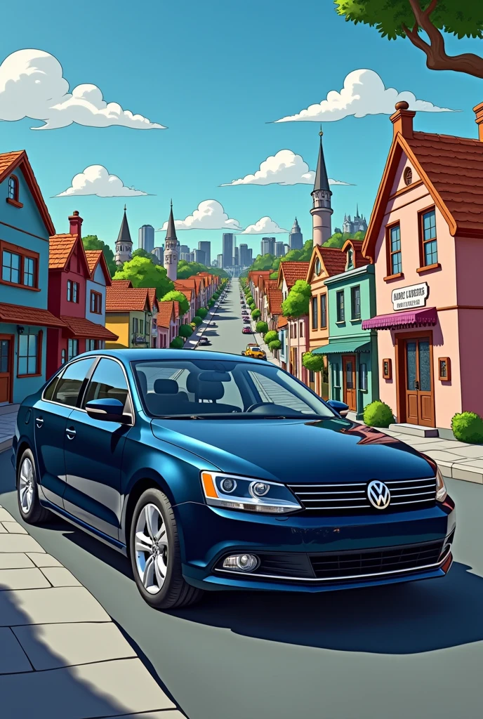 2012 dark blue Jetta car with a Simpsons Springfield background