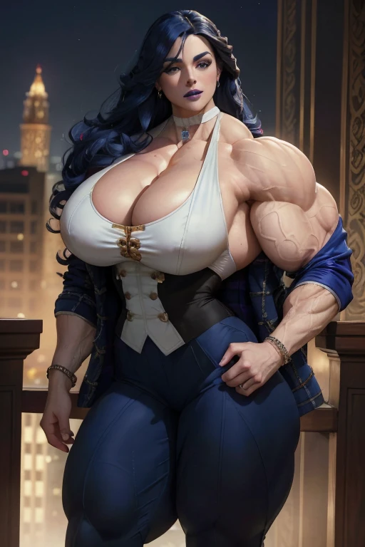 ((Close-up)), tall, (royal blue hair) beautiful muscular woman, long curly wavy hair, pale white skinned, closed smile, large breast, (black lipstick), (massive muscles), (hyper muscle), (ginormous bulky muscles), white eyes, (((royal blue tweed suit with pants))), ((double breasted jacket)), blue bracelets, choker, high heels, on the rooftop at night,