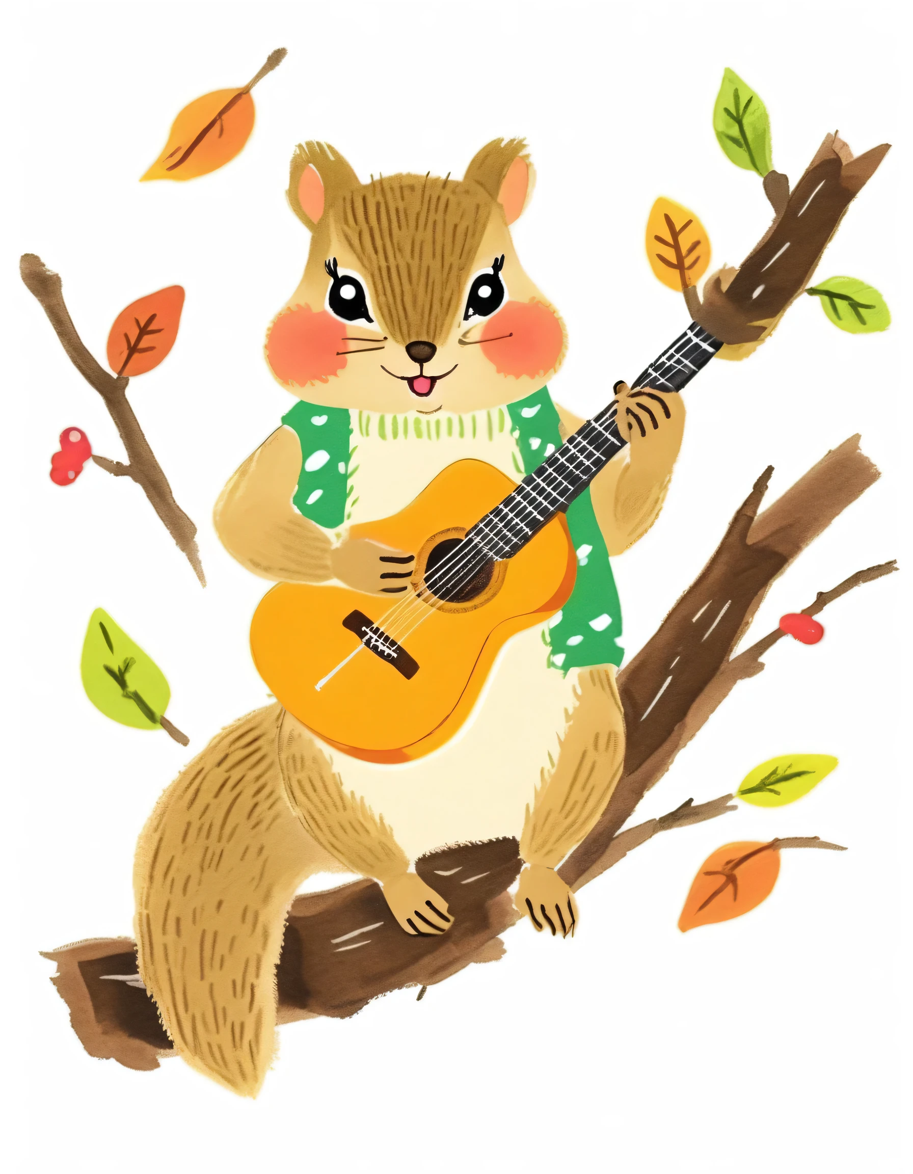 masterpiece, high quality,A cute squirrel playing guitar on a branch,hand drawing,illustration j_drawing