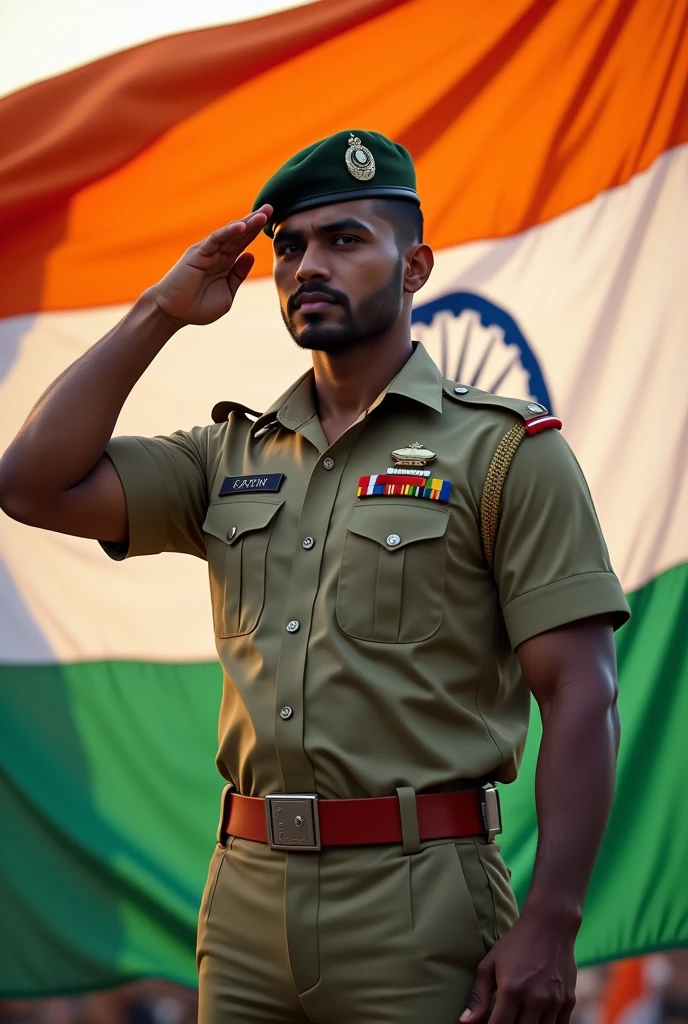 22 year old muscles Indian boy is celebrating Independence Day on 15th August 2024. His name Vivek is written on his uniform or he is saluting the Indian flag or he is wearing the uniform of the Indian flag or he is facing on indian flag