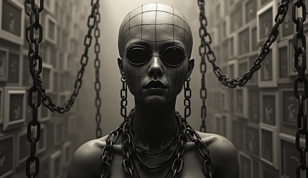 ((Very old photograph in sepia tone only)), Surreal, monochrome image, Surreal and haunting digital art featuring a female humanoid figure with a bald head and a grid pattern of metal wires and chains covering her face and upper body. The figure's skin is a metallic, bronze-like color, and she has black, hollow eyes and an open mouth, giving her a frightening expression. The background is a collage of numerous small, each framed and connected by chains, creating a complex and unsettling visual texture. The overall composition is dark and intricate, evoking a sense of confinement and dystopia. supernatural atmosphere of the scene, horrified, deceptive, insane, disturbing, shocking, vintage, old film:1.5), (inspired by Zdzislaw Beksinski and Wayne Barlowe), cgsociety, art deco, 1920s, hyperdetailed, 1920s Hellraiser film, digital illusions, photorealistic, artistic visuals inspired by Fritz Lang. ((motion picture film)), ultra-detailed, chiaroscuro, RAW photo, cinematic, artstation style, concept art, masterpiece, 8k, black and white, realistic textures, 3D rendering