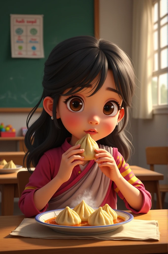 Nepali girl eating momo in class