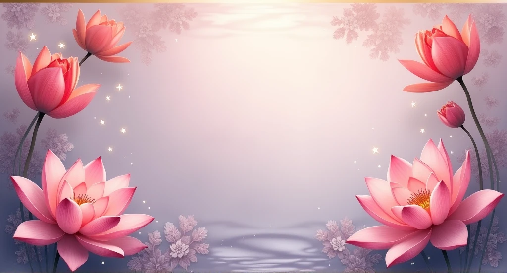 a card that has lotus flowers as borders, and in the background it has a faint purple color with stripes as if they were waves in the water of a darker shade than that purple, in addition to the lotus flowers also that randomly generated sparkles and accompany them with reddish-orange tulips. Make it in an oil painting style