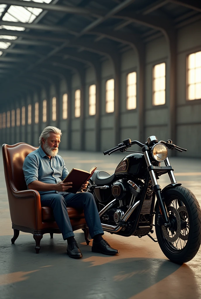 You are my professional image generator. Por favor, create the image of a custom motorcycle in a large warehouse. Next to the motorcycle, a middle-aged man with a trimmed beard in an armchair reading the holy bible.