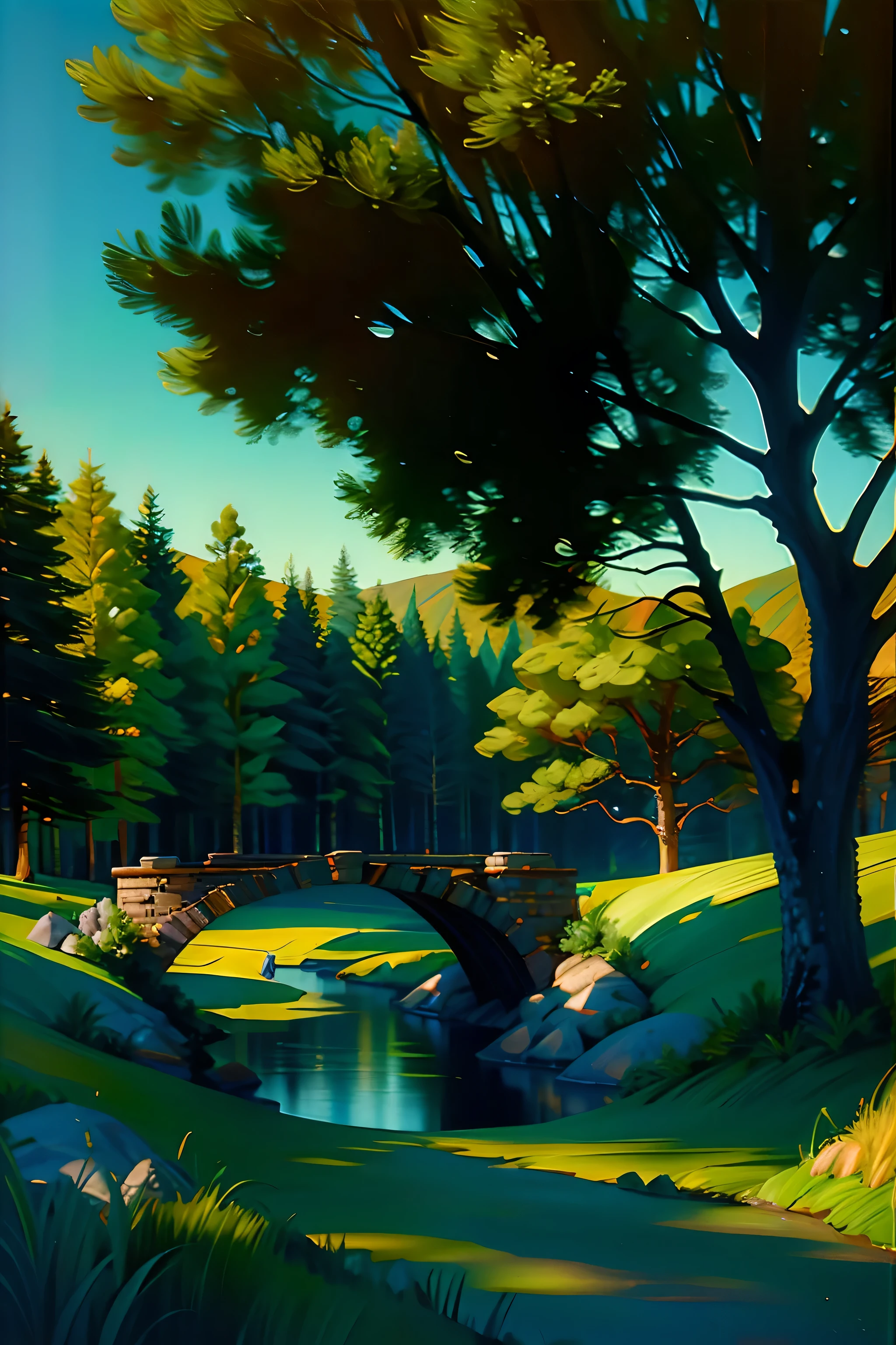 A painting of a summer landscape., green trees, green grass, a winding river with a stone bridge, daylight.