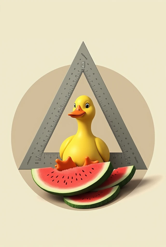 diagrammatic combination between a duck, a watermelon and a protractor inside a circle
