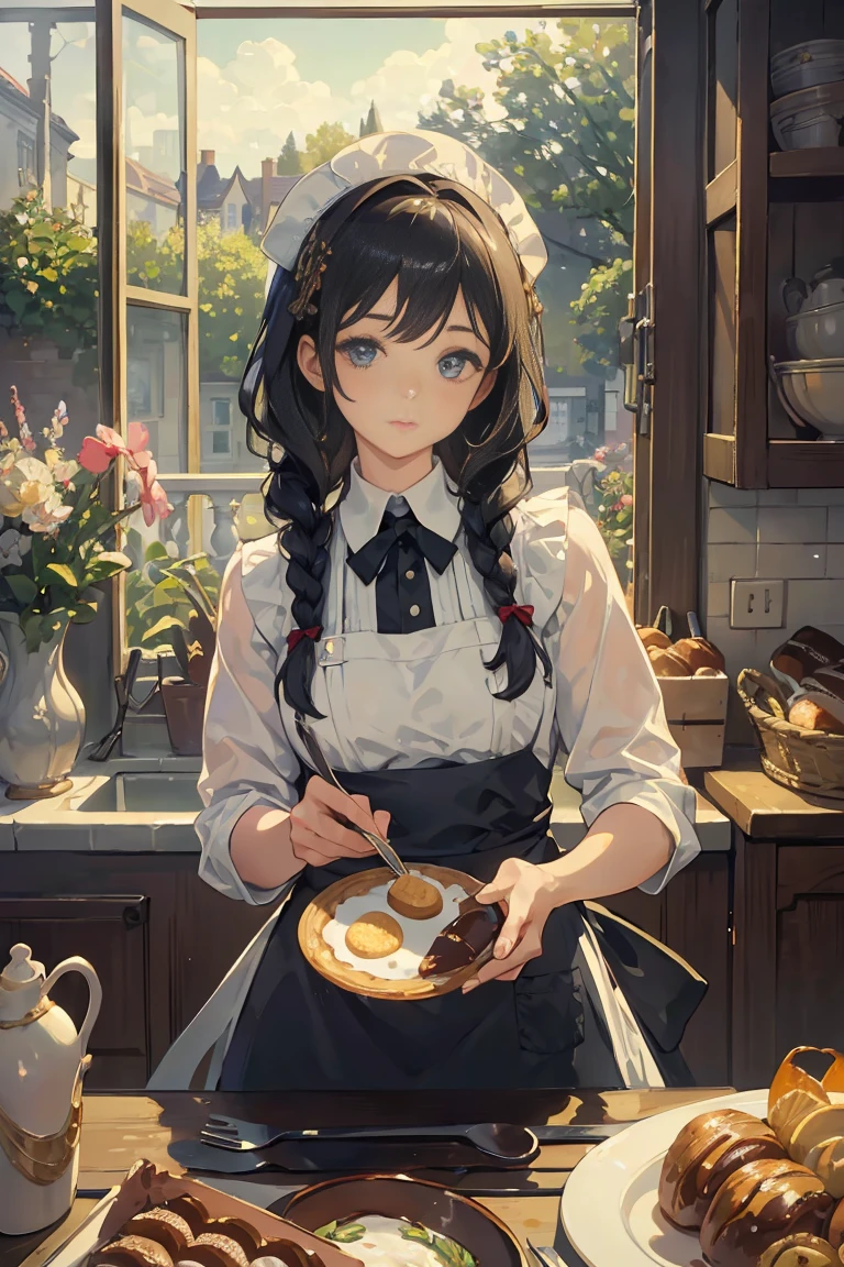 perfect eyes, soft light, high quality, 4k resolution, masterpiece, textured skin, high details, detailed face, detailed eyes, best quality, award winning, super detail, high quality, Pastry chef, confectionery maker, apron, black hair, braid, hairpin, Impressionism, Monet, Cake shop, decorating cakes in the kitchen