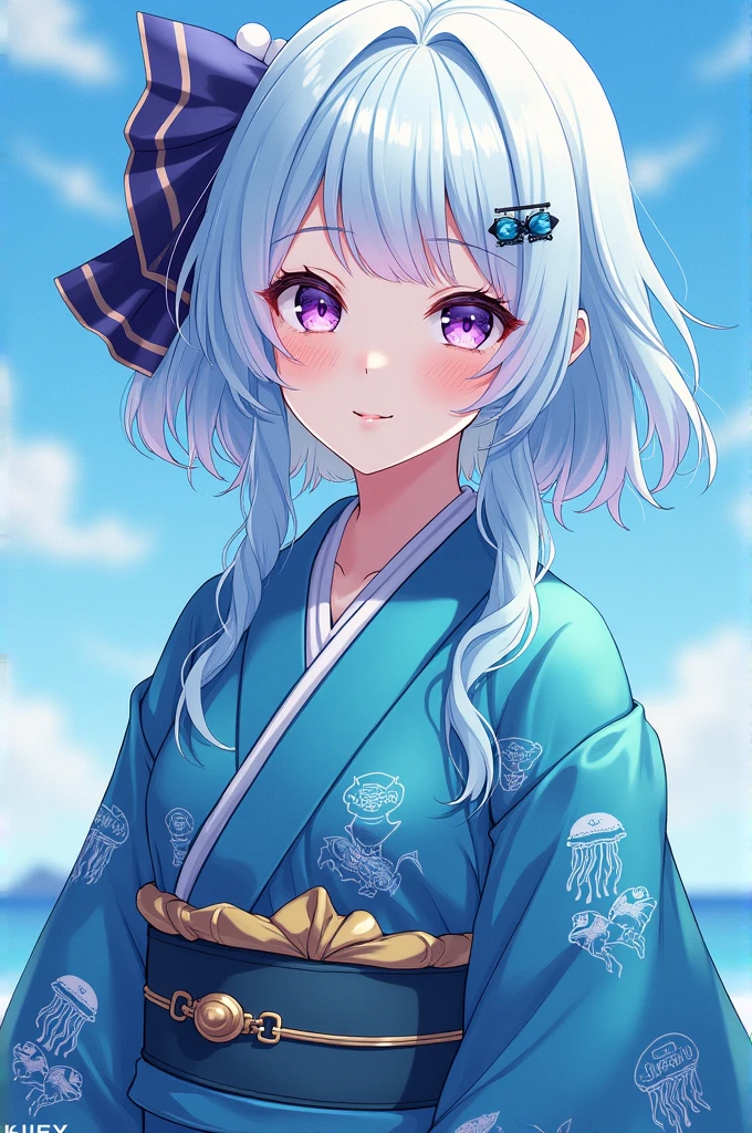 I want a Kimetsu no yaiba oc, a female character, of 14 years, She is very beautiful and kind, her haori is sea blue with drawings of sea animals, light blue hair, and her eyes are different colors, purple, and she has jellyfish accessories