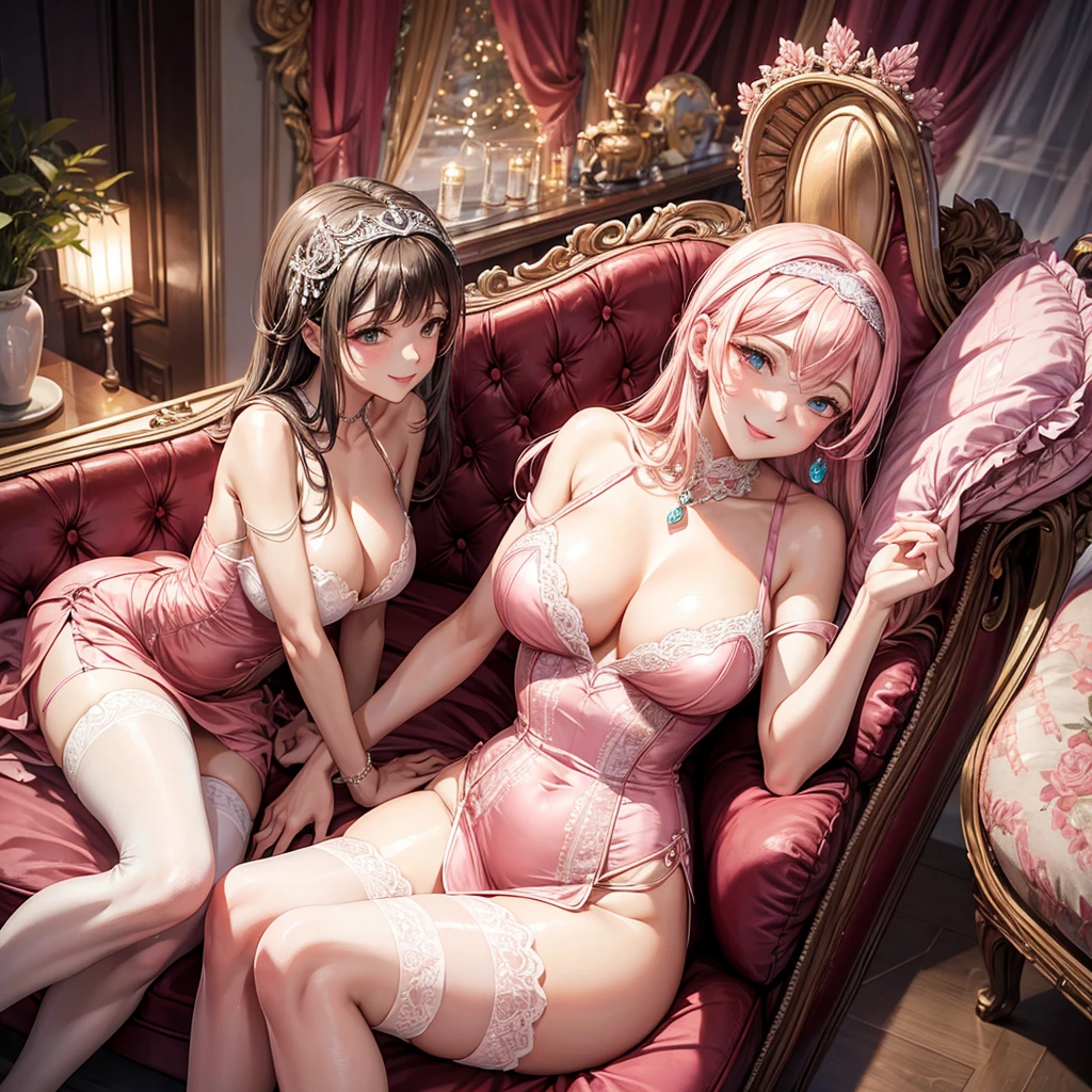An elegant woman Lady Smiling Kindly Pink Dress Headband Big Breasts stockings Sit on the sofa