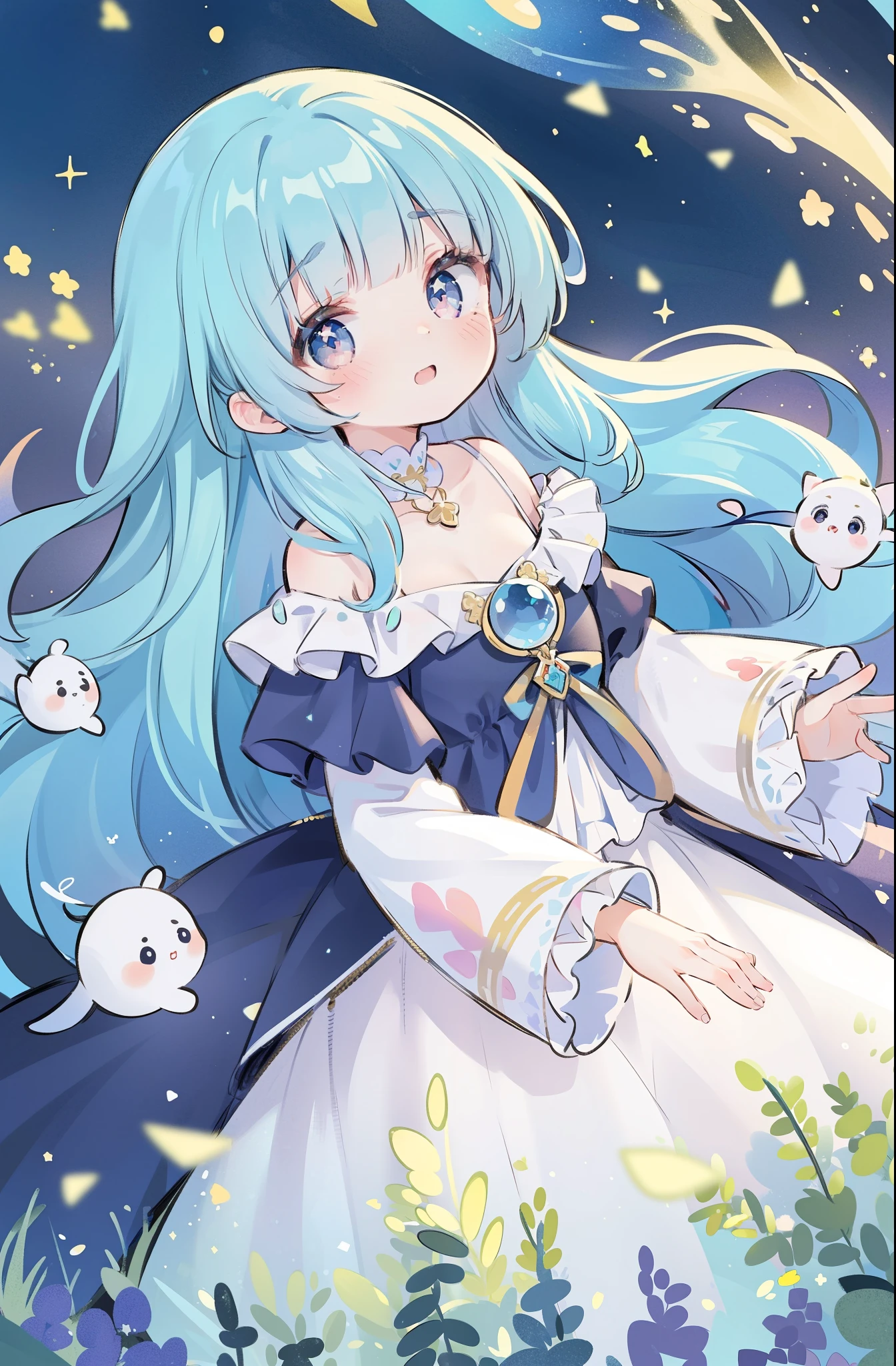 masterpiece, best quality, 8k resolution, sharp focus, intricate detail, beautiful girl, sparkling eyes, golden ratio face, otherworldly liquid, watercolor, cool colors, bright colors, whimsical, colorful, sharp focus, high resolution, fine detail, ((layered tiered puffy long sleeves ballgown)), ((round eyes)), iridescent bubbles, fantasia background