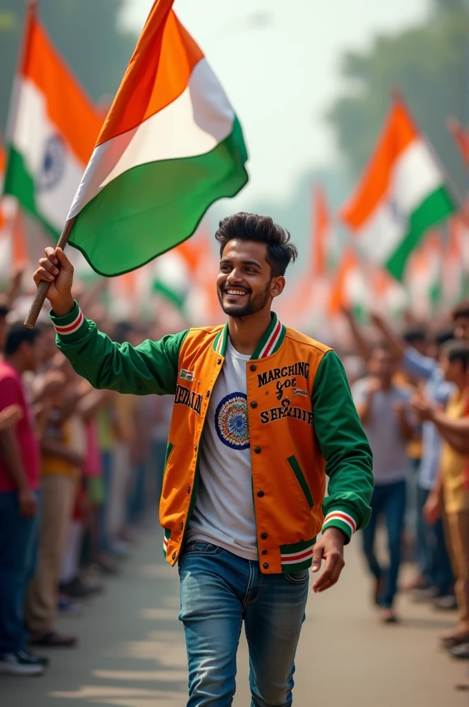 Scene of a 23-year-old Indian boy participating in a parade, proudly waving the Indian flag. The streets are lined with spectators, all holding flags and cheering. His jacket has ‘Praveen‘ embroidered on the back, and ‘Marching for India’ is written at the top.“