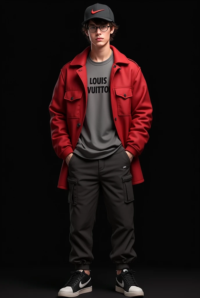 Realistic photo of a young man wearing cargo pants, black nike tennis shoes, all red coat, gray Louis Vuitton shirt and a black Nike cap. Black background with highlight in light.