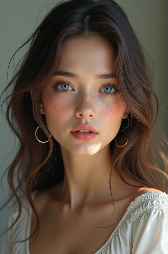 caucasian woman, long  hair , blue colored eyes , Mariz arbitrado, argola earring, with freckles 