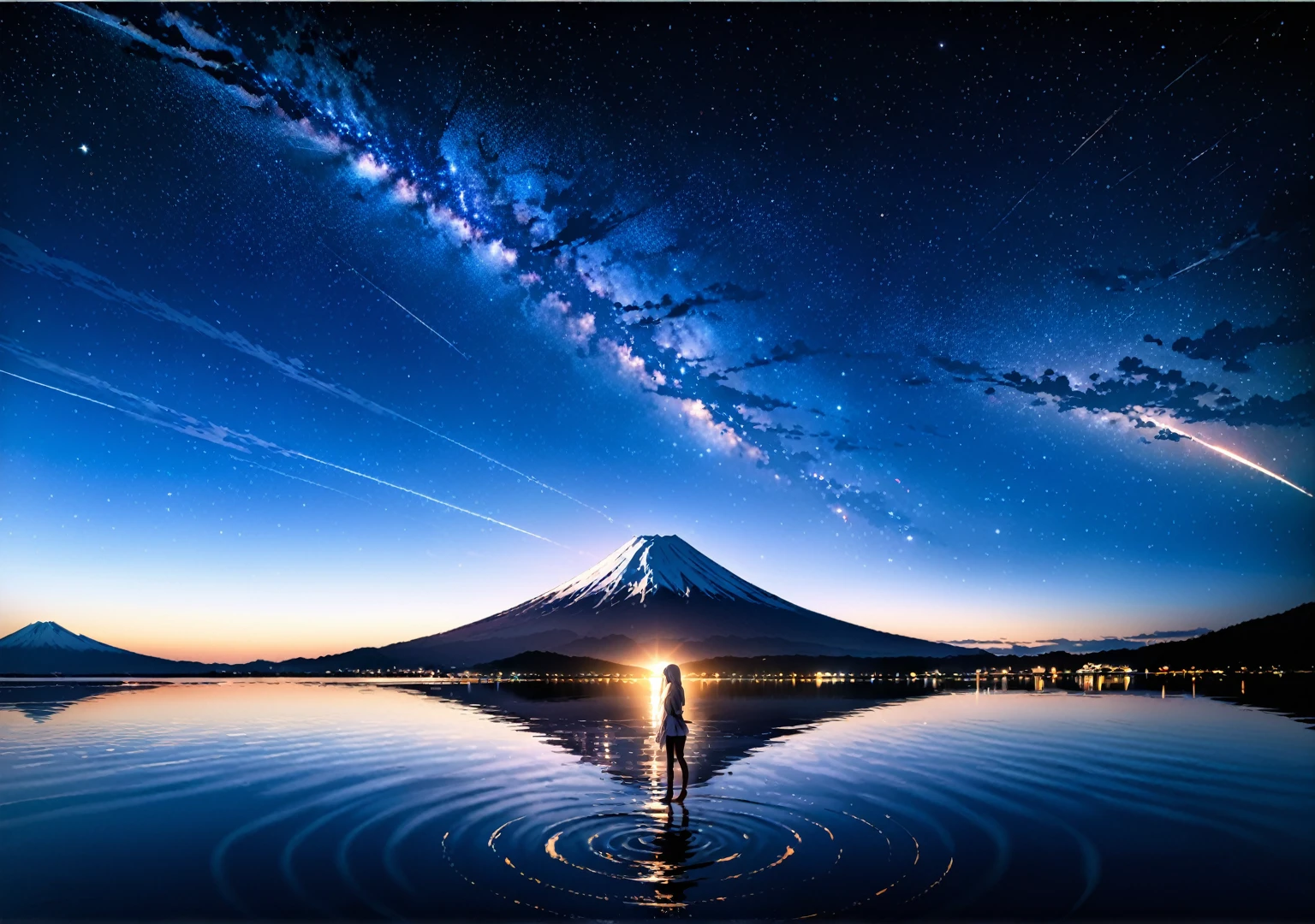 (close up:1.4)、(original photo:1.2)、(Realistic:1.4)、(masterpiece:1.3)、(best quality:1.4)、Japanese Girls、(Night view:1.2)、Thin clothes、pretty girl、Put one foot into the sea、Standing on tiptoes、landscape、Between the horizon and the sea、View from the side、Ripples spread from the toes、Stand about 20 meters away、on the sea、The whole scene is shining、White hair、Starry Sky、mt.fuji