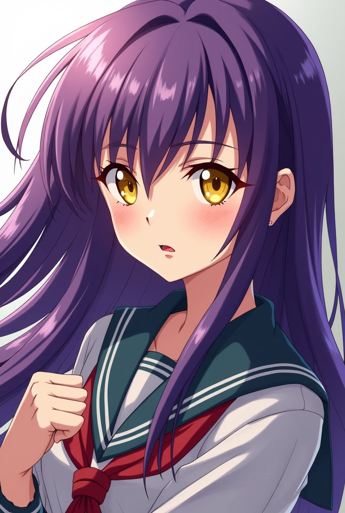 Anime style, woman, long purple hair, yellow eyes, Japanese school uniform, has a scar on her mouth, has an angry face