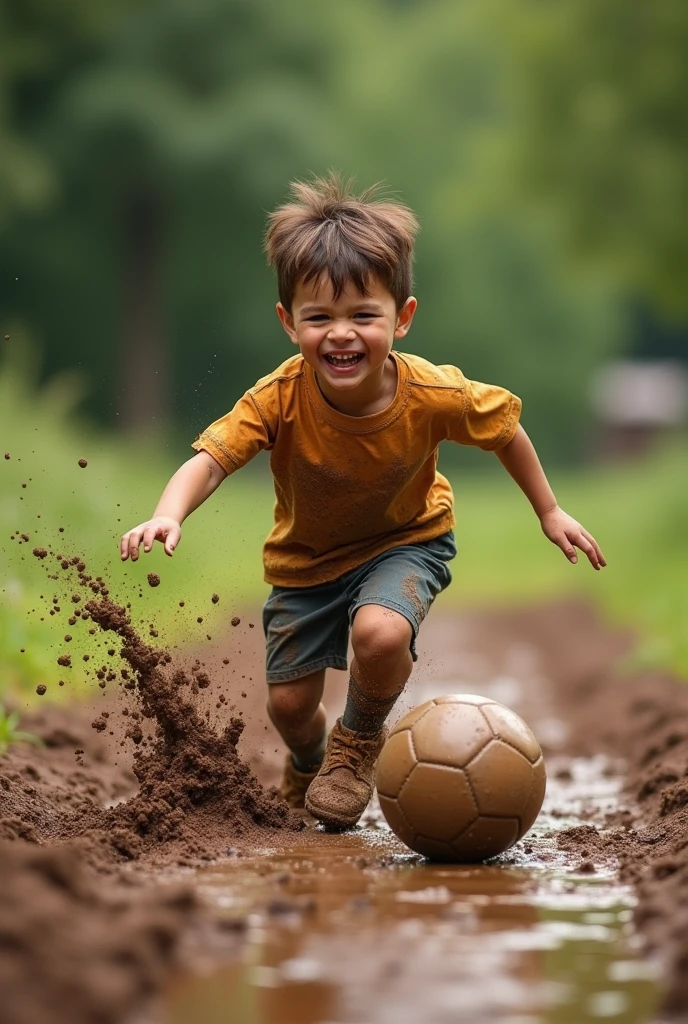 A boy playing mud Football