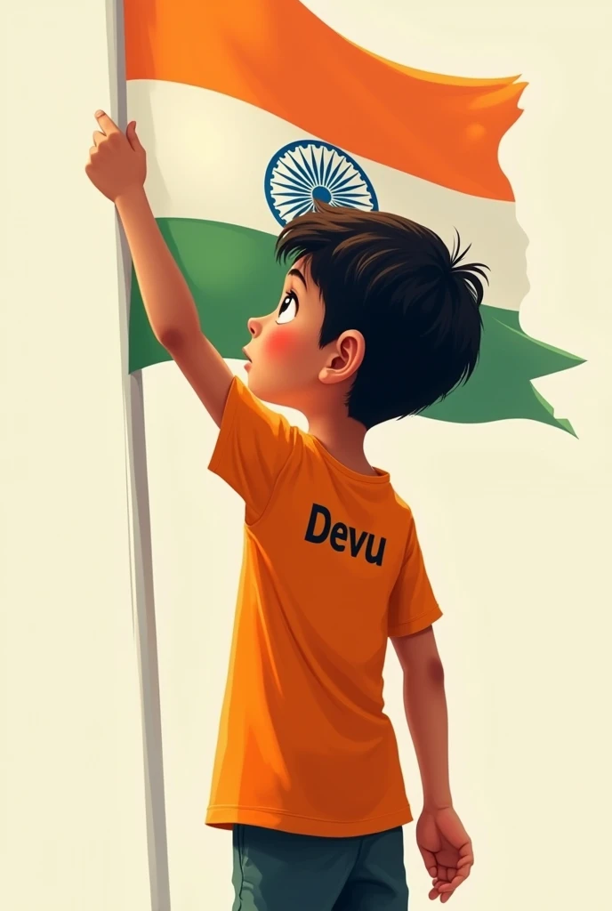 A boy whose t-shirt has Devu written on the back and the colour of his t-shirt is orange, he is saluting the Indian flag but his hand is on his forehead