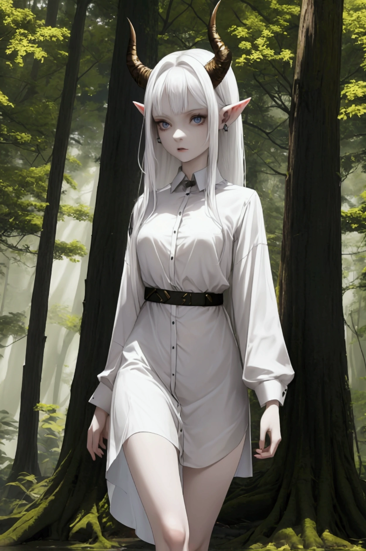 thin girl with pale skin, pointed ears and horns on her head. wearing a man's shirt as a dress, walking through a forest.