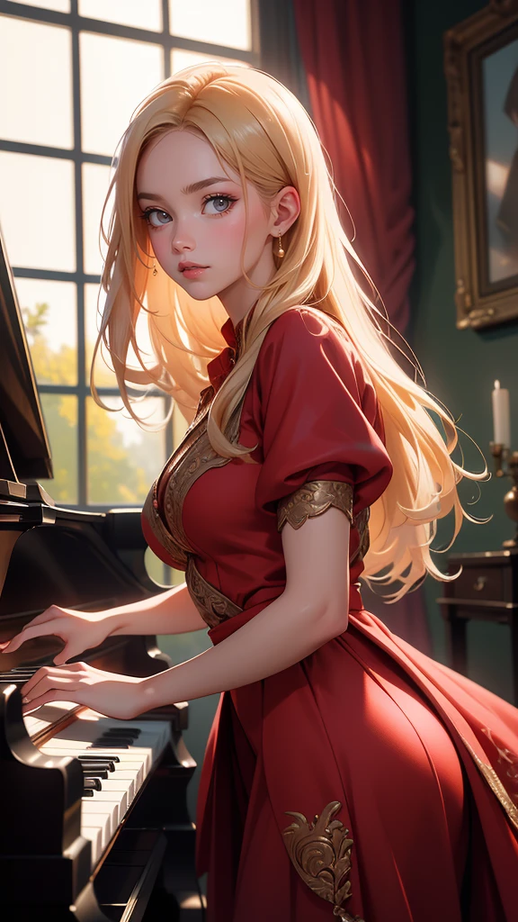 hyper realistic image of the highest quality, the perfect masterpiece, perfect work of art, 8k, a beautiful young woman in a red dress, dress with a low neckline, blonde hair, upturned nose, is playing the piano on a bright stage, realistic oil painting, detailed face, detailed hands, chiaroscuro lighting, dramatic lighting, warm color tones, muted colors, elegant, cinematic, intricate details, photorealistic, 8k, high resolution, best quality, masterpiece, annie leibovitz style photography, ilya kuvshinov style, soft light, studio light, (intricate details), majestic, aesthetic