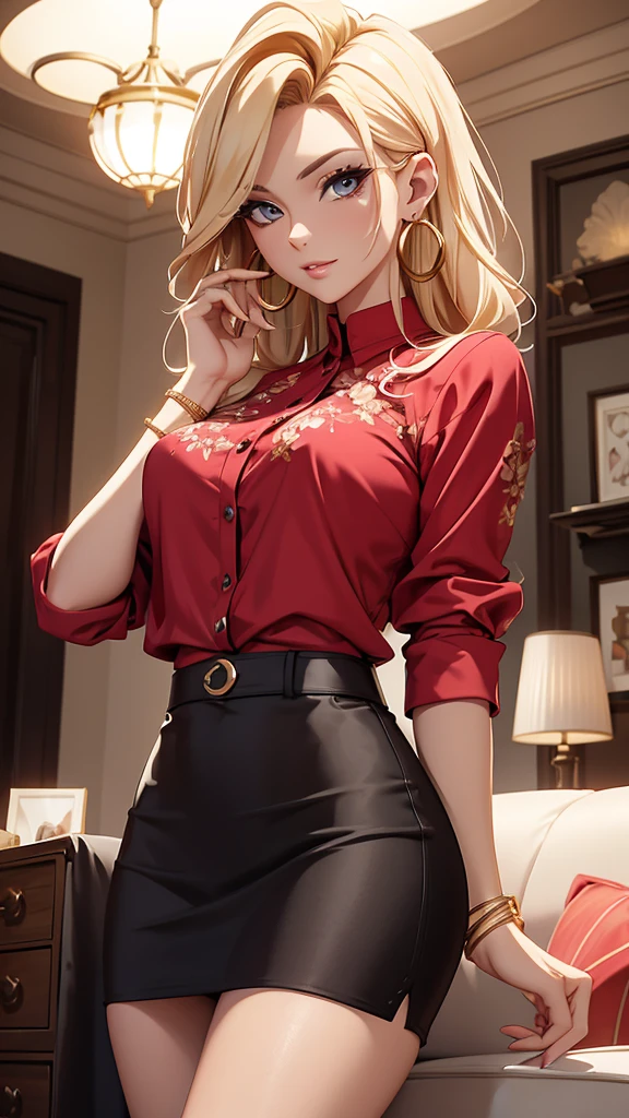 (Masterpiece), (4k), ) (vivid colors), (evening light) Blonde 40-year-old woman with extravagant and striking hairstyle, egocentric and egotistic, dressed as a successful MILF businesswoman with a seductive but superior look and pose, dressed in a low-cut red blouse through which part of her white lace bra protrudes, a short black floral skirt in the living room of her house, very horny with gold hoop earrings and gold bracelets