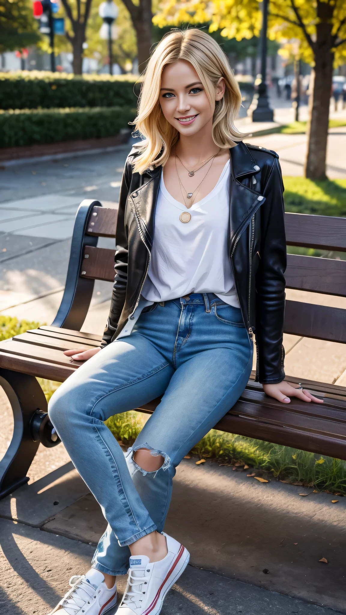 Super Resolution、Beautiful Caucasian Woman、Full body photo、sitting on a park bench、Blonde Hair、blue eyes、Short Haircut、Wavy Hair、Ear piercing、、necklace、leather jacket、shirt、Skinny jeans、I'm wearing socks、sneakers、smile、Beautiful teeth alignment
