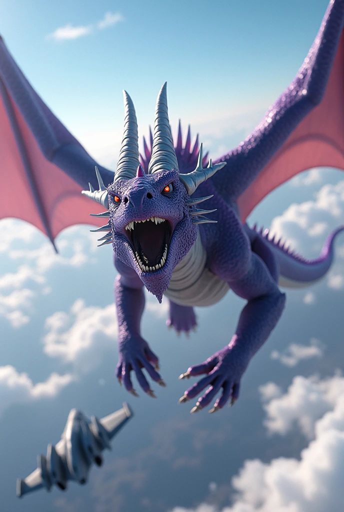 A purple tech dragon with 2 silver horns on its head, wings attached to its front two arms is baring its teeth fighting a military airplane in the sky during the day.