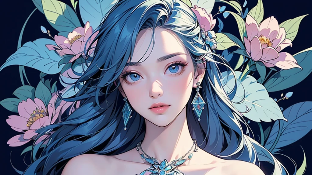 32K, 最高quality, 最高masterpiece, (ultra-Detailed Background, Detailed Background), High resolution, Super detailed, Very detailedな, 1 personの, (bouquet:1.3), (Tangled:1.2), (Geometric:1.2),(colorful),(masterpiece, quality, best quality, Official Art, Beautiful and beautiful:1.2), (1 person:1.3), Very detailed,(colorful:1.1)(Flowers:1.3),Most detailed,(Tangled:1.2), whole body, (Abstract background:1.3), (Skin glows), (Many colors:1.4), ,(Earrings Jewelry:1.5), Light Blue Background,