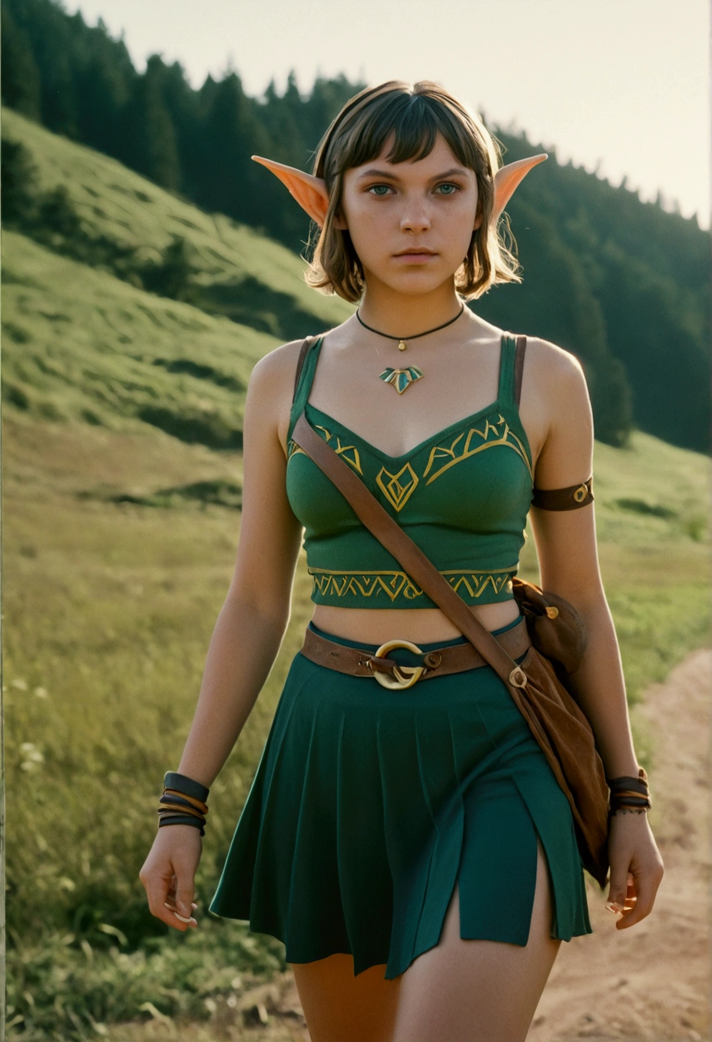 analog film photo, photo of a Hylian girl, elf ears, honey eyes, shaggy brunette bob cut, tan complexion, tall stature, athletic, voluptuous hourglass figure, full hips, plump round buttocks, wearing a bralette and a battle skirt, strolling through Hyrule's wilderness, resembles Millie Bobby Brown, RAW Photograph, dslr, soft lighting, high quality, film grain, Fujifilm XT3, detailed skin with visible pores, insane details, masterpiece, 8k, 35mm photograph, dslr, kodachrome, faded film, desaturated, grainy, vintage, Lomography, stained, highly detailed, found footage, close-up shot, elven ears