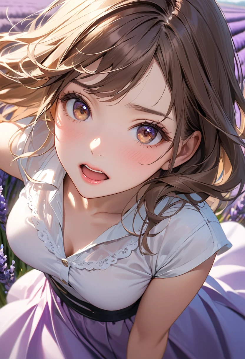 Highest quality, masterpiece, Ultra-high resolution, Realistic:1.2, RAW Photos, Intricate details, Portraiture,　big, beautiful brown eyes:1.2, Perfect contours, Perfect Proportions:1.2, One Girl, break　((Mouth close-up:1.2, (From above:1.2), look up:1.2)), ((small, short, small:1.2)), Light brown hair、((Long Hair, Twin tails:1.2)), (compensate:1.2, Fuller lips:1.3, Pink Lips:1.3, Glossy Lips:1.3, Lips parted:1.2), (Stroll through the lavender fields:1.2), ((Silk sleeveless shirt:1.2, Silk Long Skirt, Low heels)), break　((Place one arm above your head、Place one arm in front of your knee、My hair is about to blow away in the wind:1.3、Leaning forward:1.2))、(Embarrassed expression:1.2、Pretty angry), (The background is a lavender field:1.2、Lavender swaying in the wind,  A few tourists are walking), ((Gust of wind:1.2)), (Underarm:1.2), (Empty-handed)