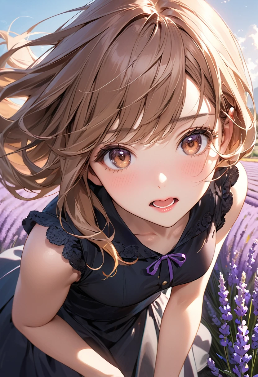Highest quality, masterpiece, Ultra-high resolution, Realistic:1.2, RAW Photos, Intricate details, Portraiture, big, beautiful brown eyes:1.2, Perfect contours, Perfect Proportions:1.2, One Girl, break ((Mouth close-up:1.2, (From above:1.2), look up:1.2)), ((small, short, small:1.2)), Light brown hair、((Long Hair, Twin tails:1.2)), (compensate:1.2, Fuller lips:1.3, Pink Lips:1.3, Glossy Lips:1.3, Lips parted:1.2), (Stroll through the lavender fields:1.2), ((Silk sleeveless shirt:1.2, Silk Long Skirt, Low heels)), break ((Place one arm above your head、Place one arm in front of your knee、My hair is about to blow away in the wind:1.3、Leaning forward:1.2))、(Embarrassed expression:1.2、Pretty angry), (The background is a lavender field:1.2、Lavender swaying in the wind, A few tourists are walking), ((Gust of wind:1.2)), (Underarm:1.2), (Empty-handed)