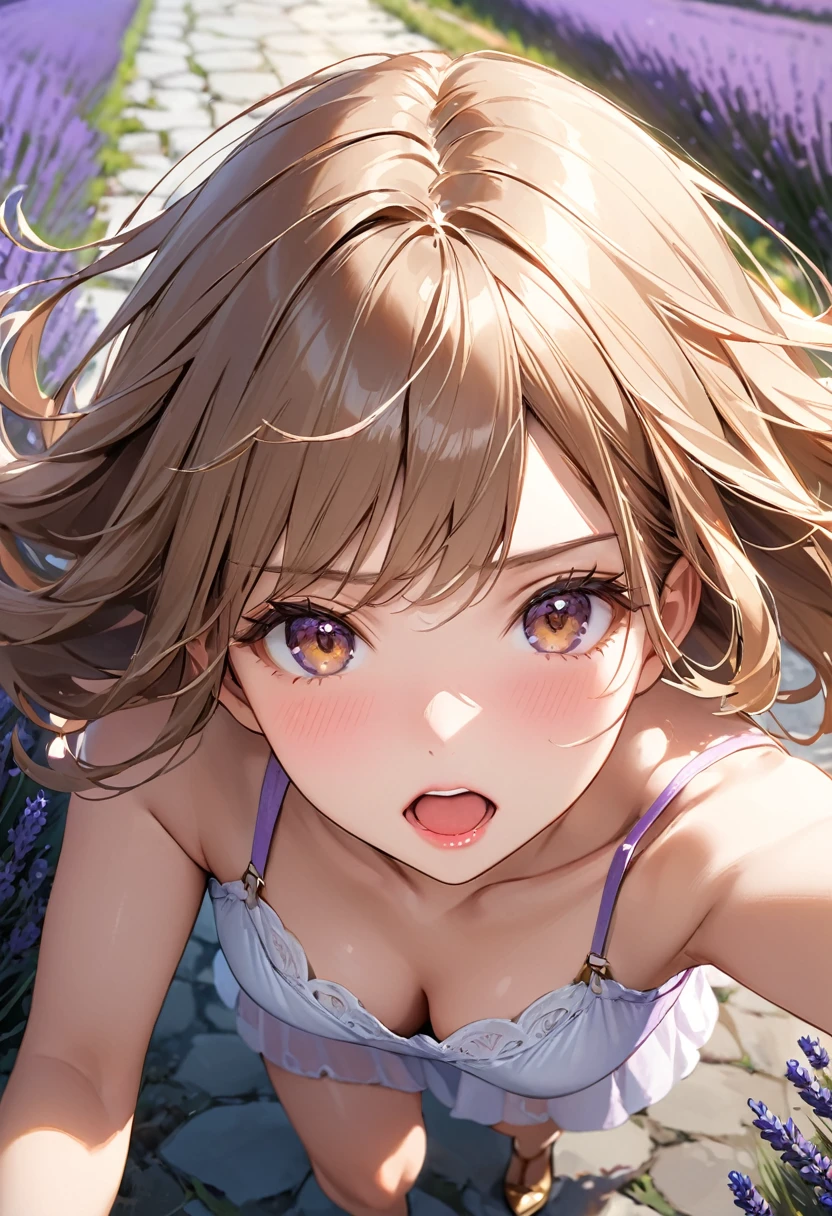 Highest quality, masterpiece, Ultra-high resolution, Realistic:1.2, RAW Photos, Intricate details, Portraiture, big, beautiful brown eyes:1.2, Perfect contours, Perfect Proportions:1.2, One Girl, break ((Mouth close-up:1.2, (From above:1.2), look up:1.2)), ((small, short, small:1.2)), Light brown hair、((Long Hair, Twin tails:1.2)), (compensate:1.2, Fuller lips:1.3, Pink Lips:1.3, Glossy Lips:1.3, Lips parted:1.2), (Stroll through the lavender fields:1.2), ((Silk sleeveless shirt:1.2, Silk Long Skirt, Low heels)), break ((Place one arm above your head、Place one arm in front of your knee、My hair is about to blow away in the wind:1.3、Leaning forward:1.2))、(Embarrassed expression:1.2、Pretty angry), (The background is a lavender field:1.2、Lavender swaying in the wind, A few tourists are walking), ((Gust of wind:1.2)), (Underarm:1.2), (Empty-handed)