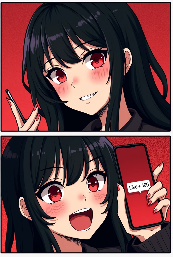 (masterpiece, best quality:1.2), comic, 2 panels, (2comic panels, dot halftone, flat color), black hair, red eyes, vampire girl, scrolling on smart phone, panel one show happy face, panel two show phone screen saying text "Like +100"
