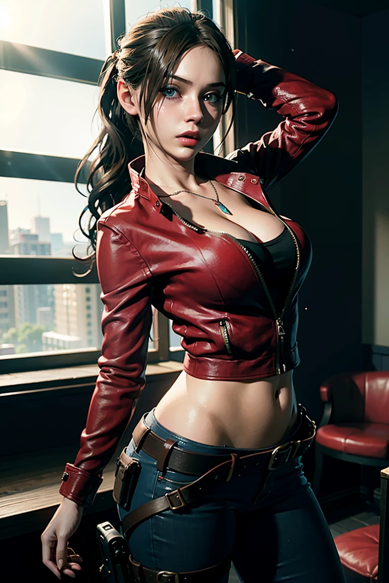 A stunning ultra high quality artwork, ultra realistic masterpiece, 8k , vivid colors, HDR, in Ultra-HD, Claire Redfield from Resident evil, a 30 year old beautiful and seductive girl, detailed face, huge natural round breasts, long brown hair, amazing eyes, makeup, extremely sexy , a red jacket, extremely tight white cropped top with a huge necklace, big round butt , belt, holster, epic resident evil character composition . . alessio albi, nina masic, sharp focus, natural lighting, subsurface dispersion, f2, 35mm