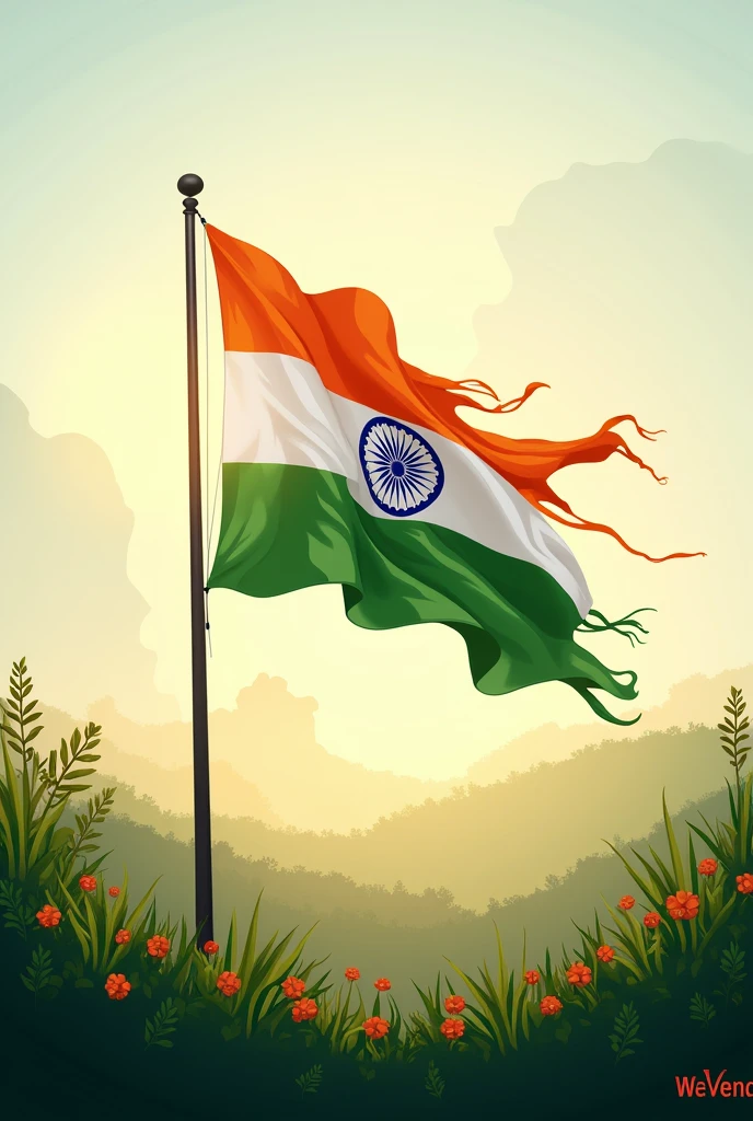 Create a image wishing happy independence day in behalf of we-vend technologies background should have indian flag