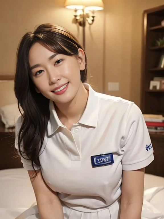 (Masterpiece, Best quality:1.3), (Ultra realistic, Photo-realistic:1.2), looking at each other, Natural light, 28 years old actress, Japanese beautiful 2 women, Neat and clean, (White damaged tennis uniform, White short-sleeve polo shirt with darknavy line collar:1.1), (unbutton:1.3), (White pleated skirt:1.1), white sock, (ponytail:1.2), (Beautiful faces), Oval face, clear, Beautiful eyes, Kind eyes, Clear skin, Small face, Beautiful mouth, Small mouth, Natural makeup, Approachable, (nsfw:1.1), Seductive smile, (Seductive pose:1.2), (Beautiful thighs:1.1), (Bedroom eyes:1.1), Embarrassed, Blush, Luxury hotel Suite room, On bed, obscene reality of girls, ( couple 2girls, petting together:1.2), grabbing crotch, erotic arms behind back, kneeling