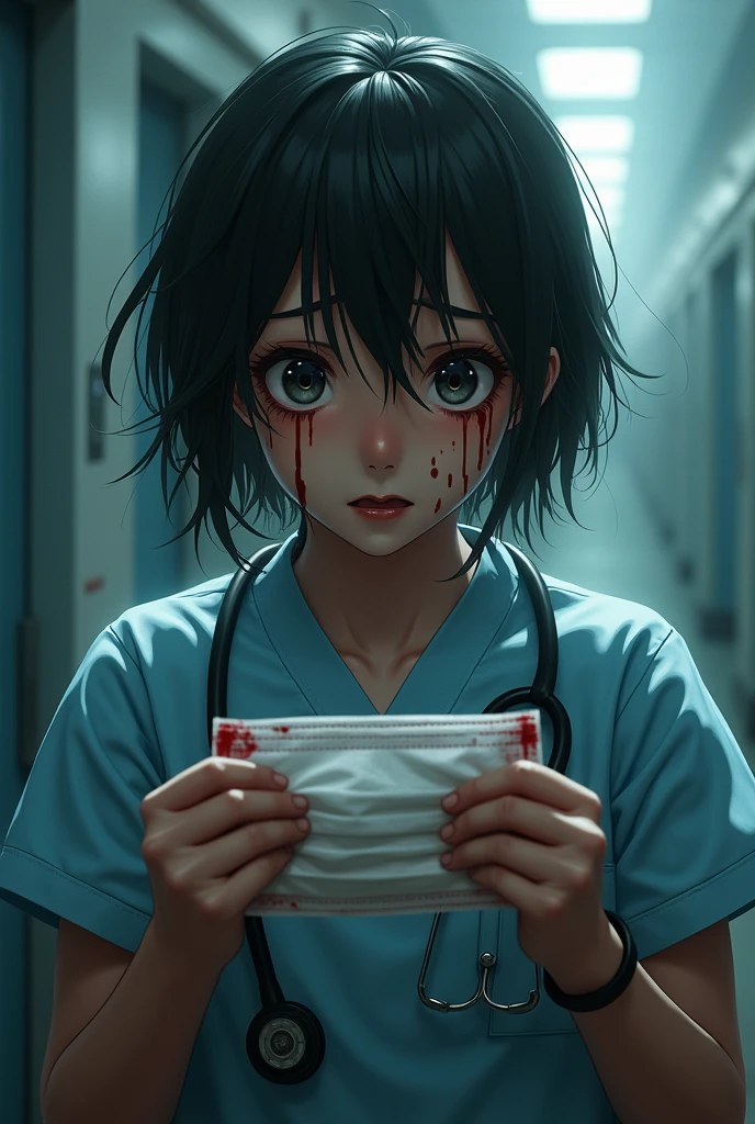 Extremely scared girl in uniform of doctor.with use and throw mask . Blood on her face and short hair.