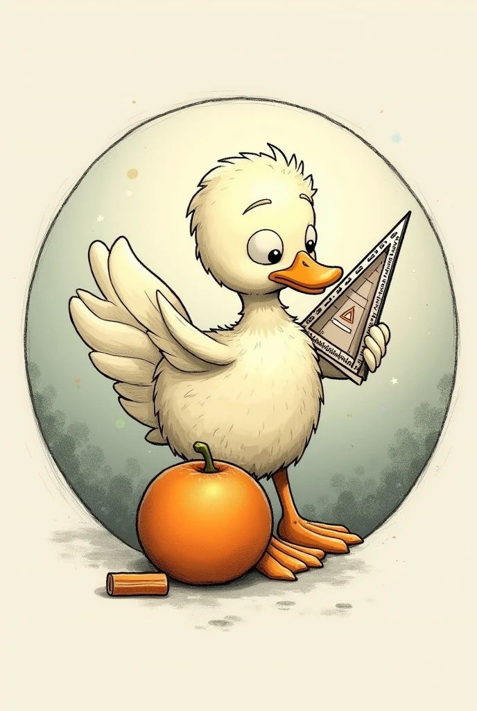 Drawing of a duck, a protractor and an orange, combined inside a circle