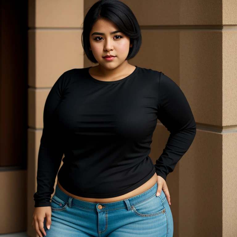 body photo, beautiful detailed, cute face, cute mexican teen, slightly chubby, short black hair, black hair over one eye, long sleeve plain T-shirt, long pants, fat curvy wide hips, solo,