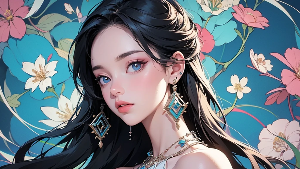 32K, 最高quality, 最高masterpiece, (ultra-Detailed Background, Detailed Background), High resolution, Super detailed, Very detailedな, 1 personの, (bouquet:1.3), (Tangled:1.2), (Geometric:1.2),(colorful),(masterpiece, quality, best quality, Official Art, Beautiful and beautiful:1.2), (1 person:1.3), Very detailed,(colorful:1.1)(Flowers:1.3),Most detailed,(Tangled:1.2), whole body, (Abstract background:1.3), (Skin glows), (Many colors:1.4), ,(Earrings Jewelry:1.5), Light Blue Background,
