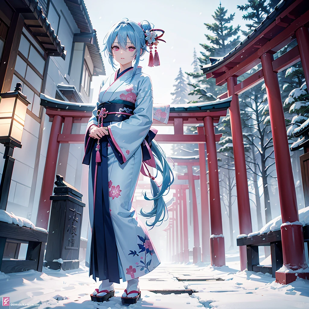 (Sky blue hair tied in a single strand),(Pink Eyes),Fair Skin,Full Body,Alone,Snowy Night,Drawing a divine lot at a temple,torii,japanese kimono,Masterpiece, Top Quality, Very Detailed, Best Shadows,Detailed Background,Beautifully Detailed Face,High Contrast,Best Lighting, Very Delicate and Beautiful,Cinematic Light,Hyper Detail,8k,Dramatic Light,Exquisite Detail,