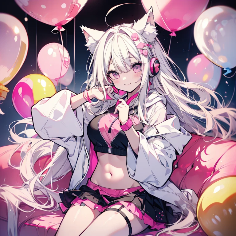 1 person、Mature、Ample breasts、Long Hair、White Hair、Cat ear、headphone、Pink balloons、Bubble gum、smile、Belly button、hoodie、Miniskirt、garter、sit、Lots of balloons、Pink balloons、sofa、High resolution、Highest quality、