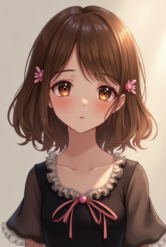 Brown haired girl with white light skin color with black and pink clothing and brown eyes