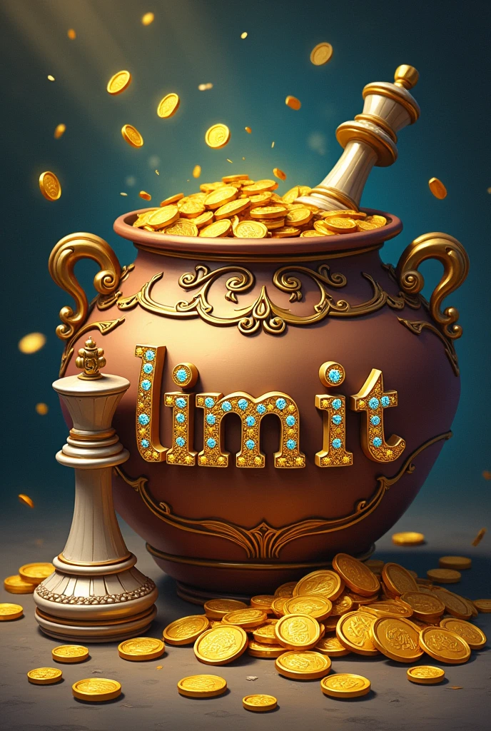 drawn drawing, gold coins in a pot, money, 
Next to the chess piece is a queen
On the pot is the word "limit" adorned with jewels and beautiful stones 