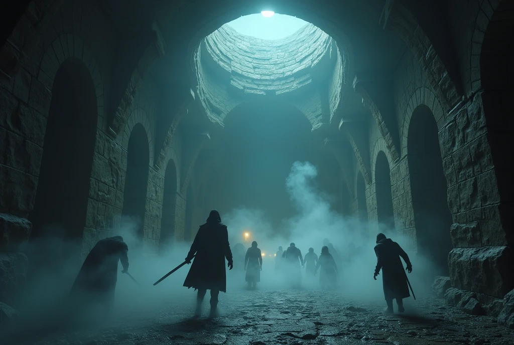 a mysterious fog, several monsters emerging from the fog, an underground labyrinth made of stone walls, Illuminated by torchlight, fantasy RPG style, high quality, photorealistic, detailed, dramatic lighting, moody color palette, eerie atmosphere, cinematic composition, epic scale, mythical creatures, intricate details, sense of wonder, exploration, adventure