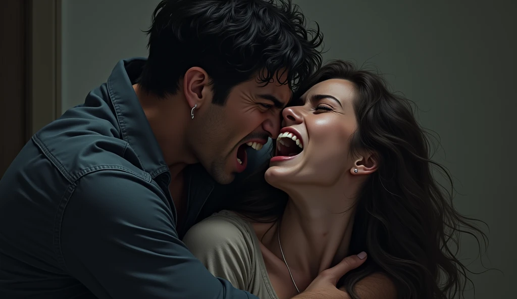 a couple having a fight, the boyfriend is chocking the girlfriend, their face clearly intense and full with "frustrated and anger",the room is dim dark 