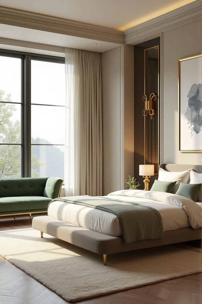 Professional 3d architecture rendering design of modern and gold French design for bedroom design with modern bed and modern small light moss velvet sofa and modern ceiling lighting and modern windows and beautiful curtains and cream silk Persian carpet 