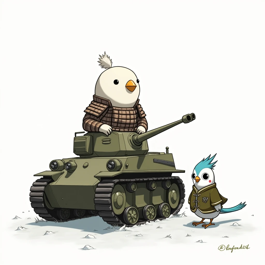 An illustration style image of a round, completely white snow bunting wearing a Japanese samurai outfit, riding a caterpillar tank, and a blue-feathered budgerigar with white head and round eyes wearing a military uniform.